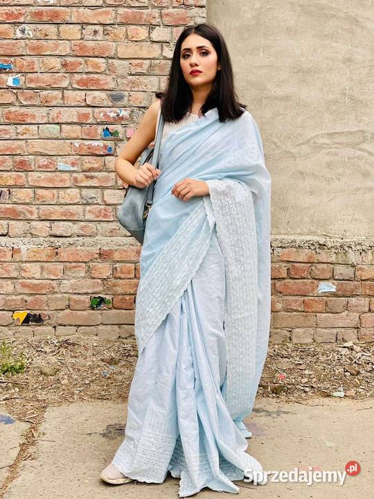 Niebieskie sari saree bawełna kupon materiału biały Szczecin