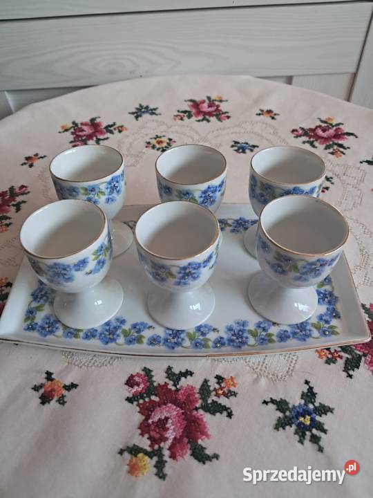 Jajcarki 6 z paterką motyw niezapominajki Porcelana i szkło Skwierzyna