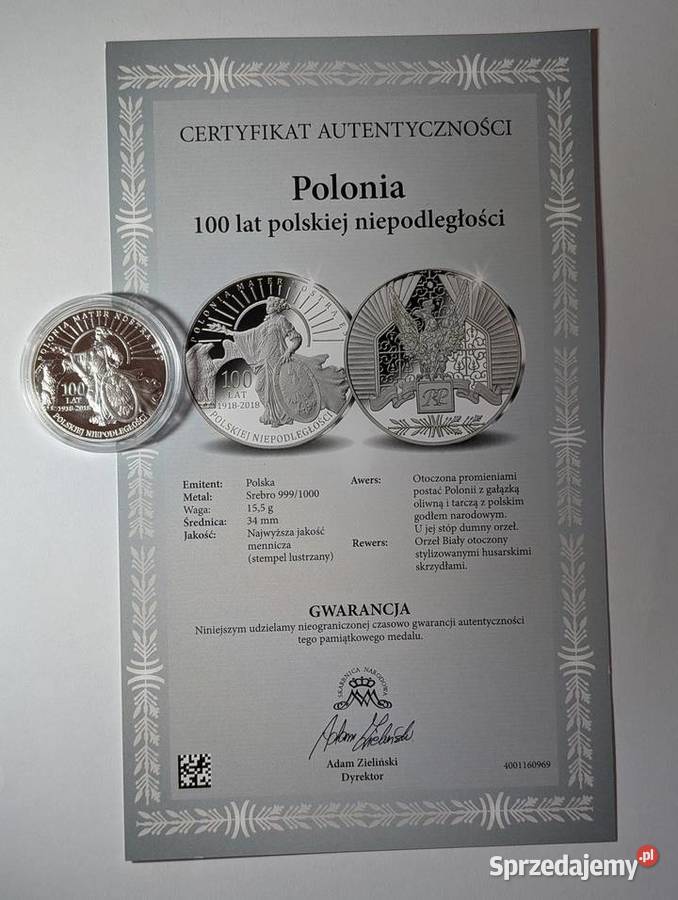 Srebrny Medal Polonia 100 lat Niepodległości Ag Numizmatyka Piła