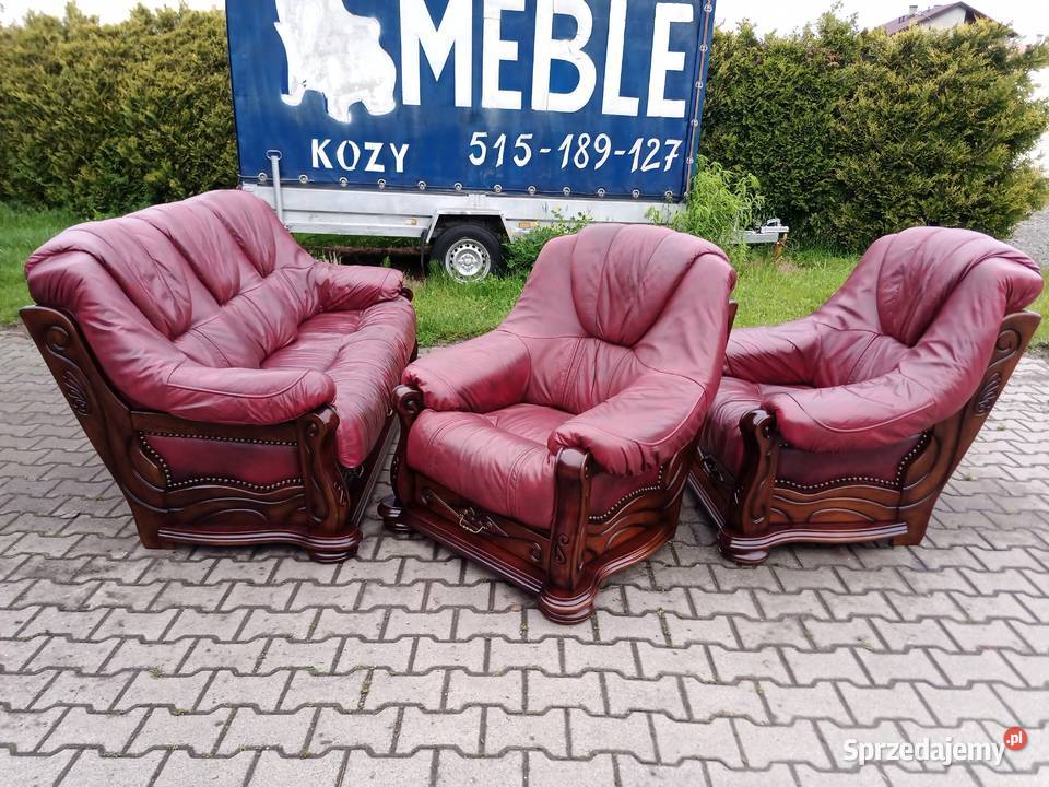 Komplet SANTIAGO 311 i Ława Dąb Skóra Bordo Kozy