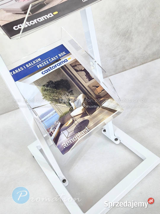 Biały reklamowy stojak na foldery katalogi Biuro Łódź