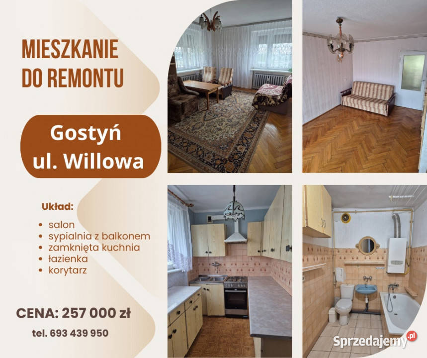 Mieszkanie do remontu 528 m 2 pokoje balkon Liczba pokoi 2 Gostyń
