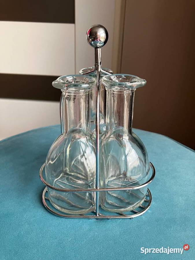 Pojemnik trzy szklane butelki na oliwę ocet przezroczysty Nisko