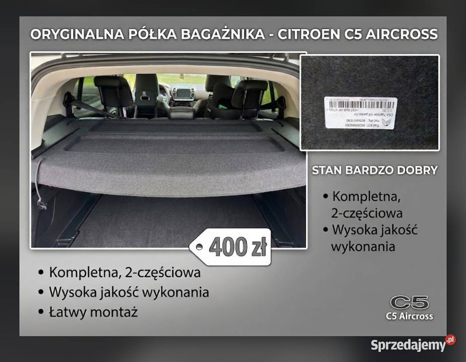 Półka bagażnika Citroen C5 Aircross KOMPLET dwie Półki tylne śląskie Rybnik sprzedam