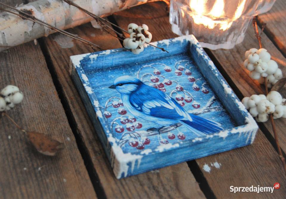 Drewniana tacka malowana ptak sikora lazurowa Lublin