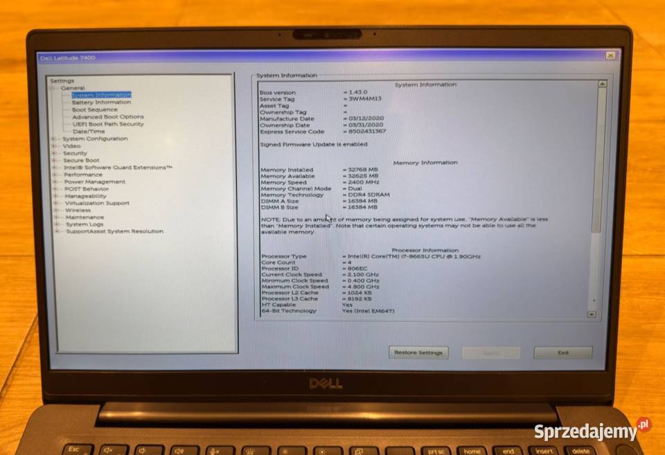 Laptop Dell Latitude 7400 i78665U 32GB dysk m2 Kraków