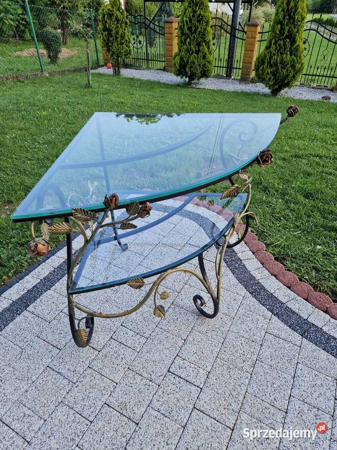 Stolik szklany narożny kuty stelaż Pisarzowa