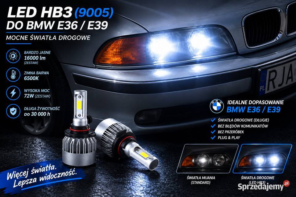 BMW E36 E39 Żarówki LED HB3 9005 16000 lm 6500K osobowe podkarpackie Tywonia