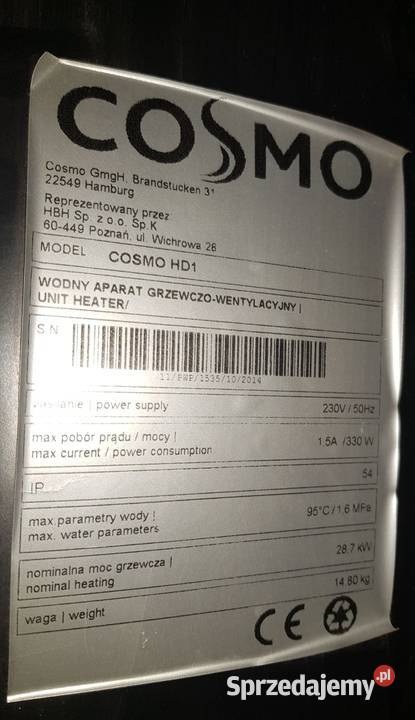 Wodny aparat grzewczowentylacyjny Cosmo Hd1 Iława
