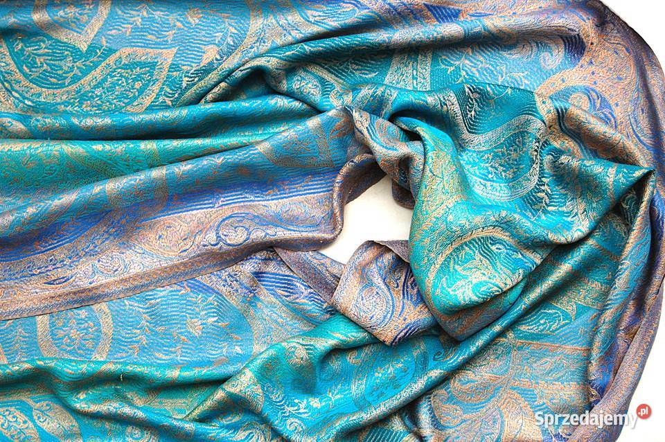 Jedwabny szal Indiska paisley 100 jedwab turkus