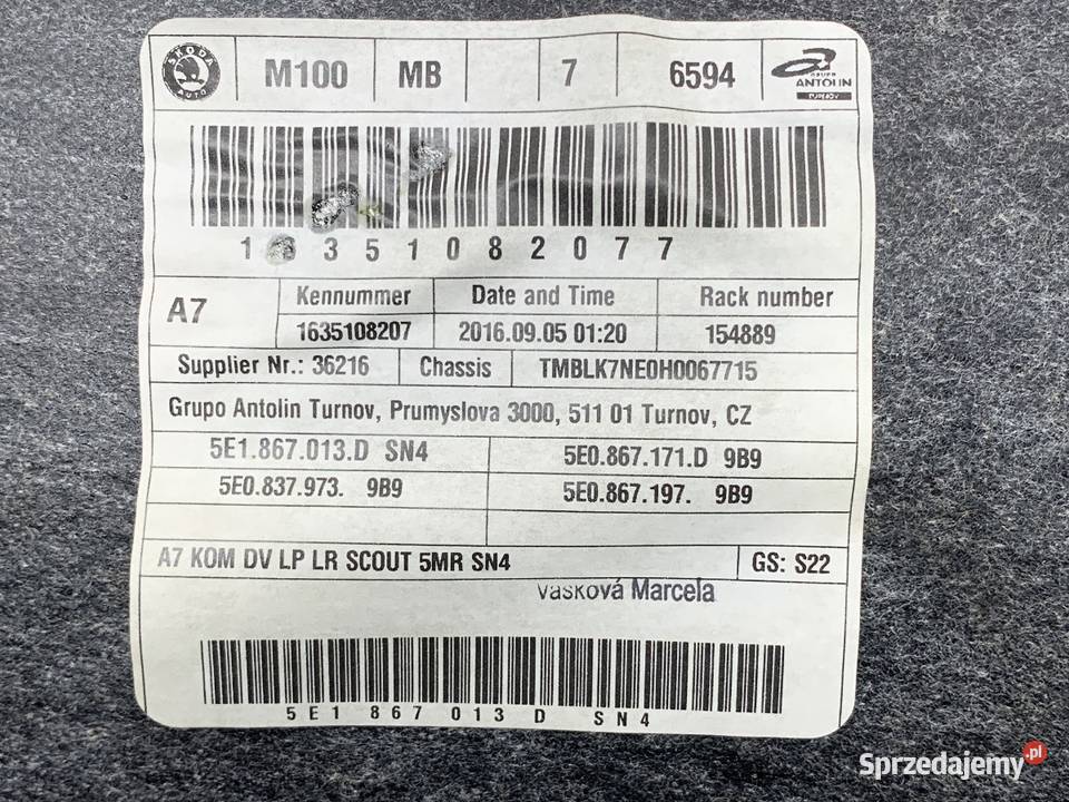 BOCZEK DRZWI LEWY PRZÓD SKODA OCTAVIA III Kombi