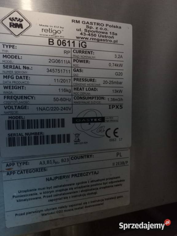 Piec konwekcyjnoparowy gazowy Retigo B 611iG Wrocław wyposażenie