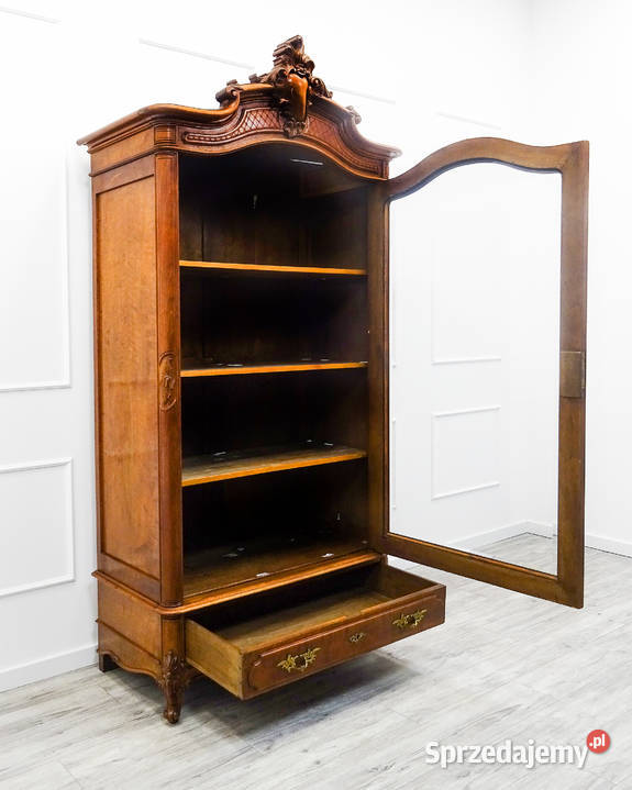 Antyk DREWNIANA Witryna Rocaille FAZOWANA szyba wielkopolskie Kalisz