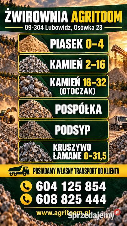 Sprzedaż kruszyw transport (żwirownia bezpośrednio) piasek , żwir , kamień