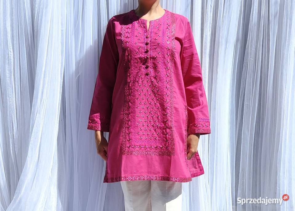 Różowa tunika boho S 36 bawełna róż złoto haft