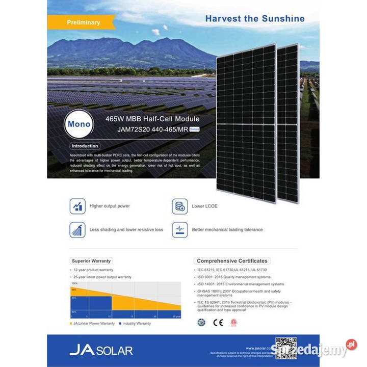 Paleta 27 paneli fotowoltaicznych JA Solar 455W sprzedam
