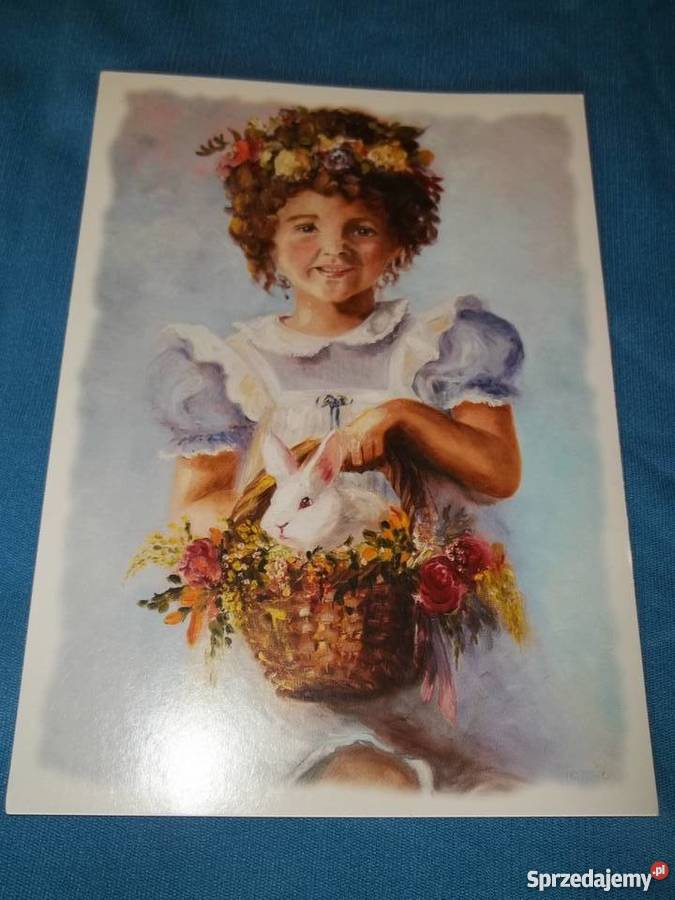 Pocztówka Dziewczynka z zajączkiem malJean Łódź