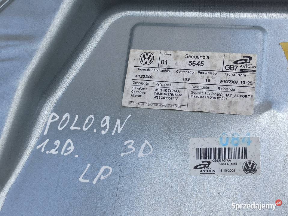VW POLO 9N mechanizm szyby LEWY 3 drzwi dolnośląskie Bolesławiec sprzedam