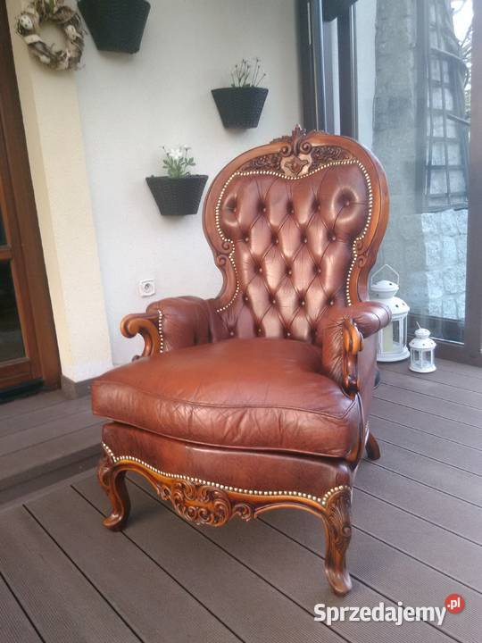 Fotel LudwikBarok Rzeźbione Skóra Antyk Stan Kluki