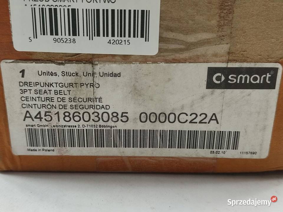 PAS BEZP PRAWY PRZÓD SMART FORTWO COUPE W451 lubelskie