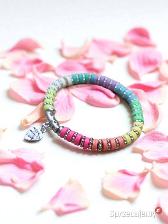 Bransoletka z tęczowych glinianych koralików podkarpackie Sanok