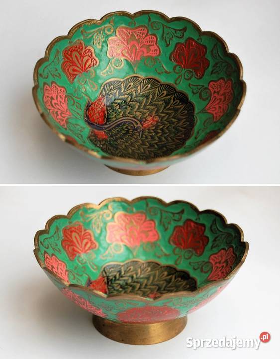 Miska patera mosiężna indyjska zielona emalia