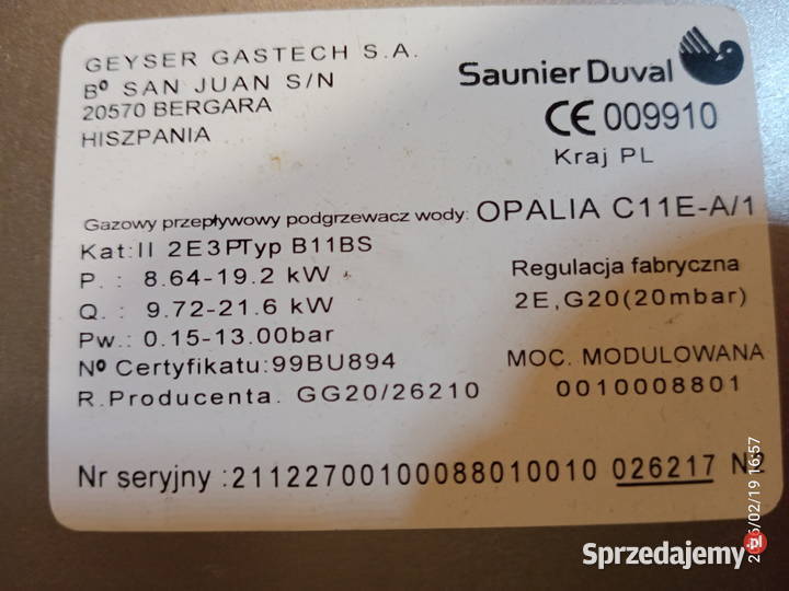 Komplet zespół gazowy wodny palnik Saunier Duval Kielce