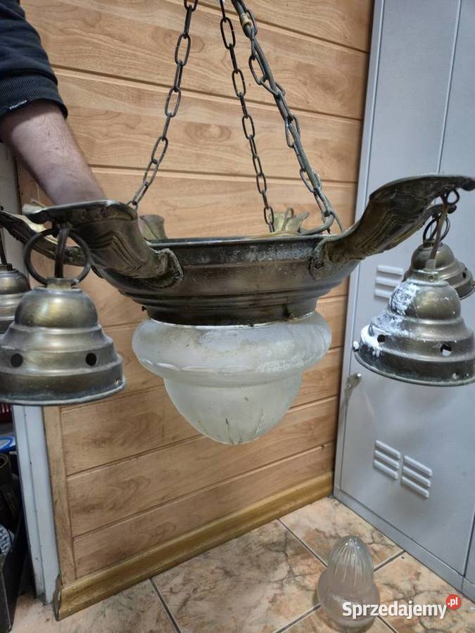 Żyrandol mosiądz PRL 5 ramienny Dąbrowa Górnicza