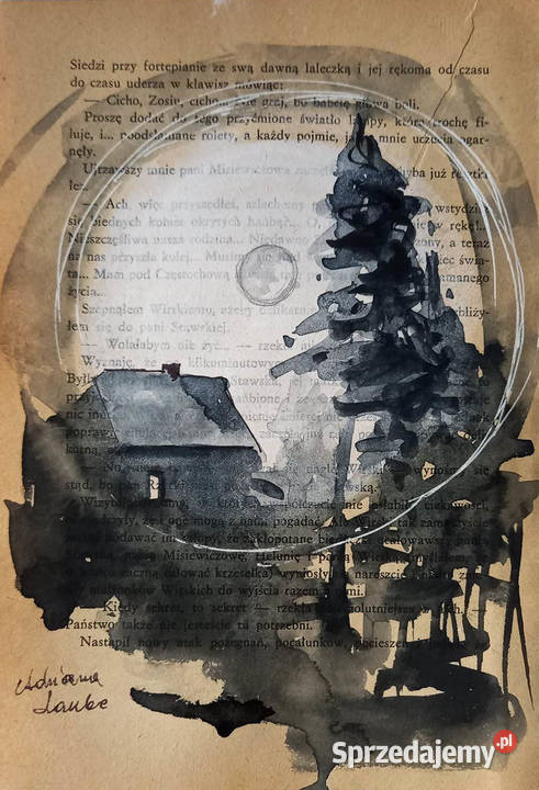 Nokturn 2 akwarela na kartce ze starej książki