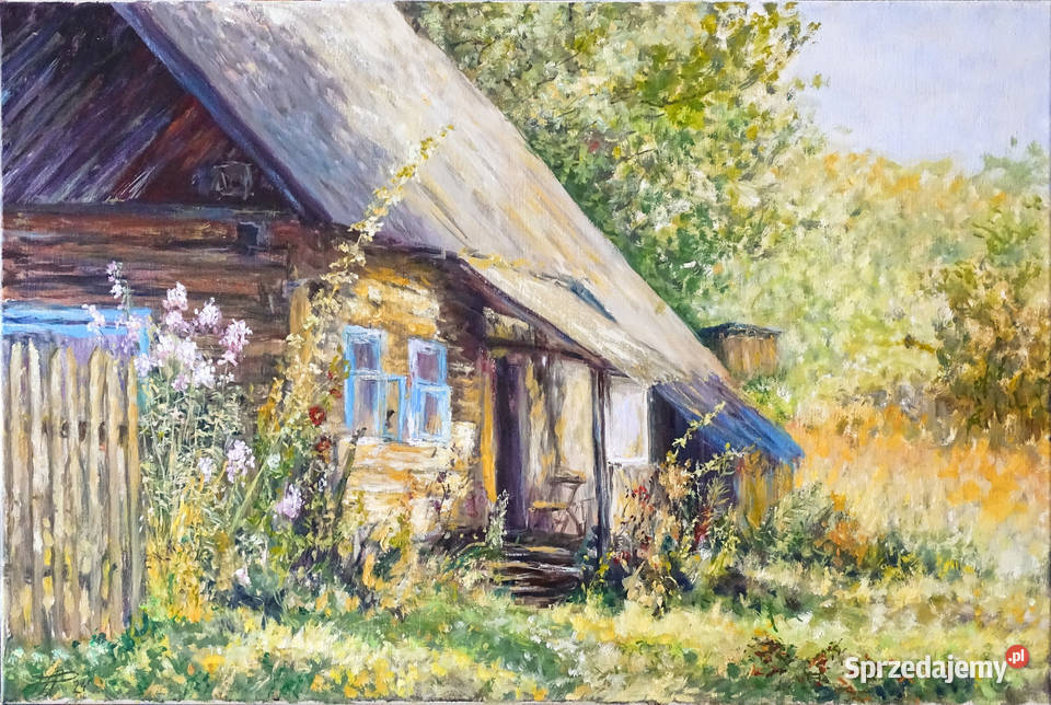 Stara chata w kwiatachobraz olejny Łopuszno