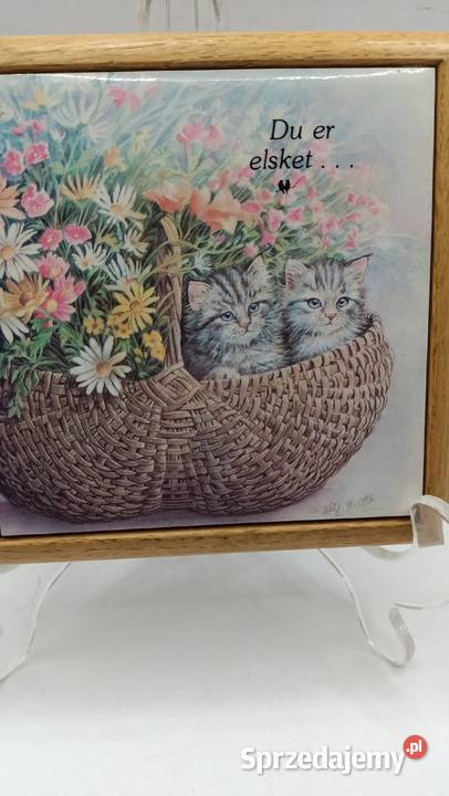 Płytka oprawiona w drewnie dwa koty Zamość