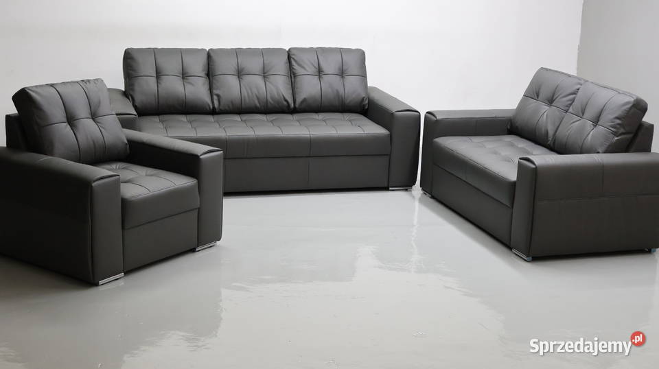 KOMPLET 321 sofy kanapy zestaw popielata SKÓRA Komplety wypoczynkowe Poznań