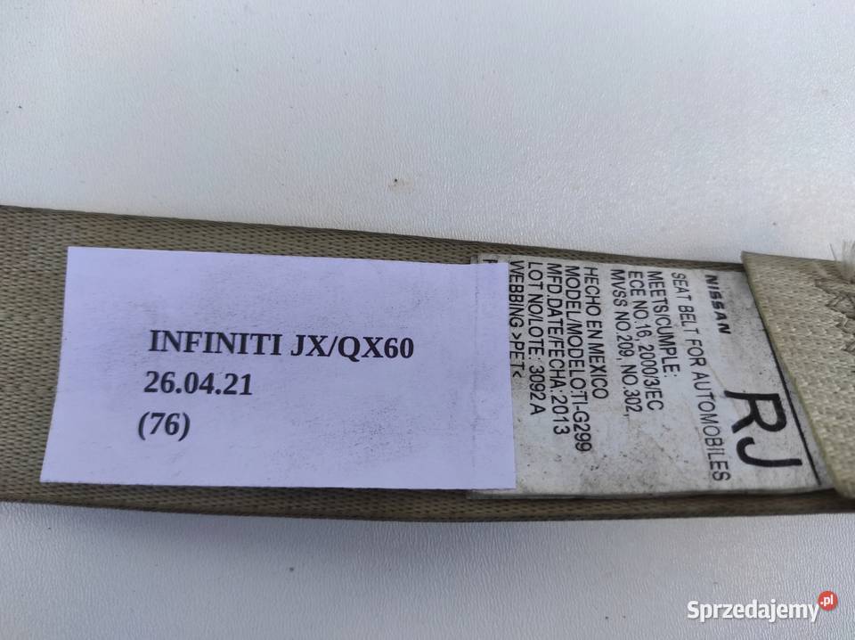 PAS BEZPIECZEŃSTWA TYŁ INFINITI QX60 JX Nowy Tomyśl