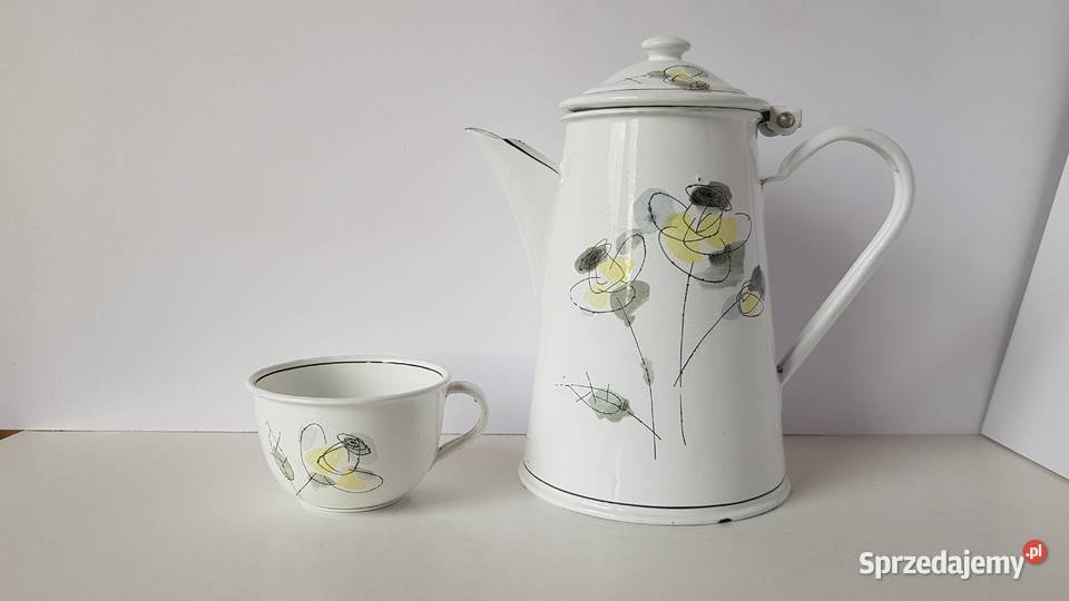 Emaliowany zestaw dzbanek filiżanka Olkusz PRL