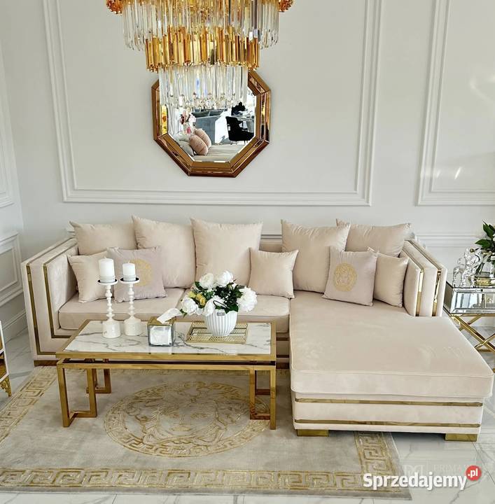 Sofa narożna z listwami, złota, srebrna MONACO