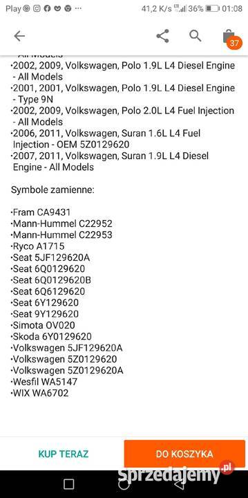 Sportowy Filtr Powietrza grupa VW typ 332830
