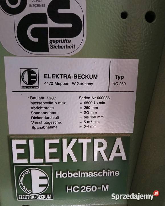 Heblarka strugarka Elektra Beckum HC 260 M Zdzieszowice sprzedam