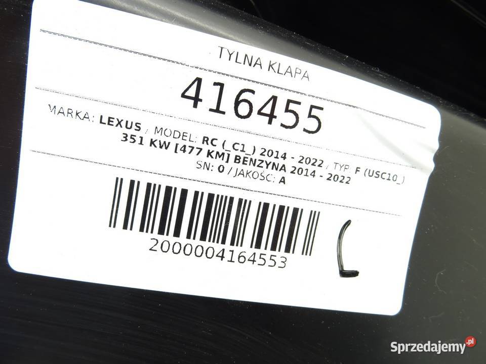 TYLNA KLAPA LEXUS RC SportowyCoupe TYLNA osobowe sprzedam