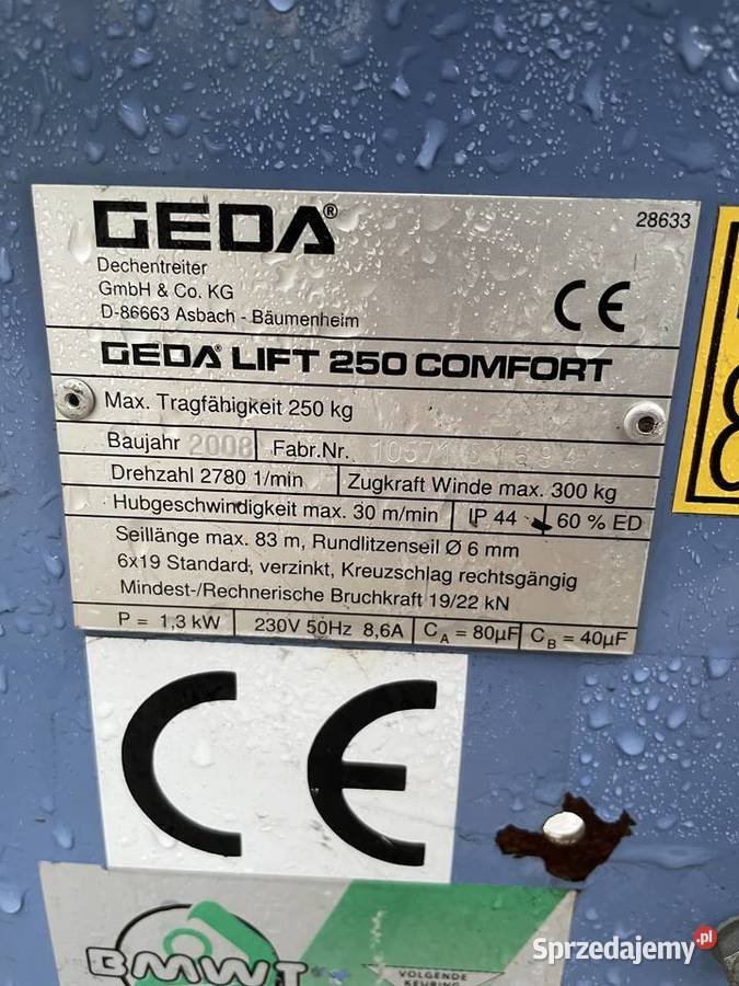 Winda dekarska Geda Lift Comfort 12m 107 2008 Pozostałe Ślesin