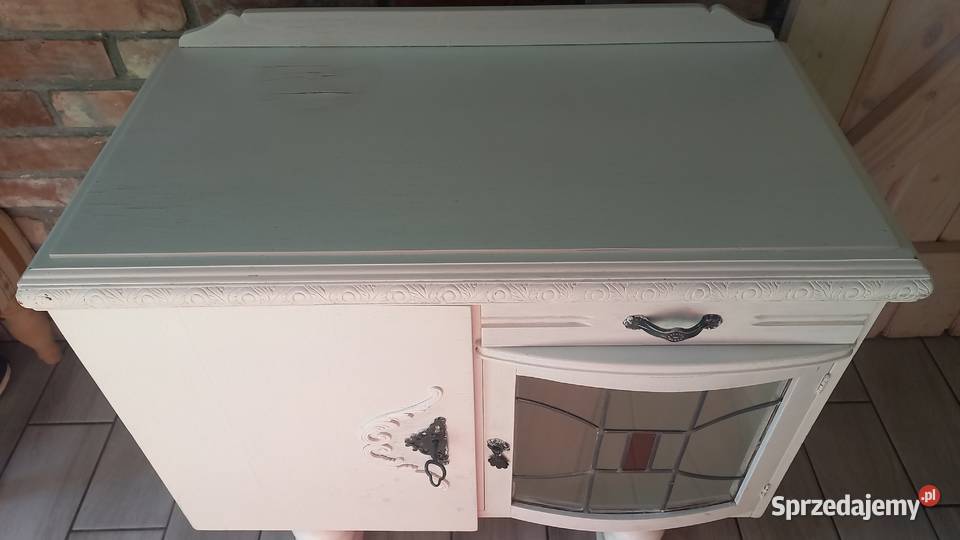 Komoda stara drewniana biała malowana z witrażem