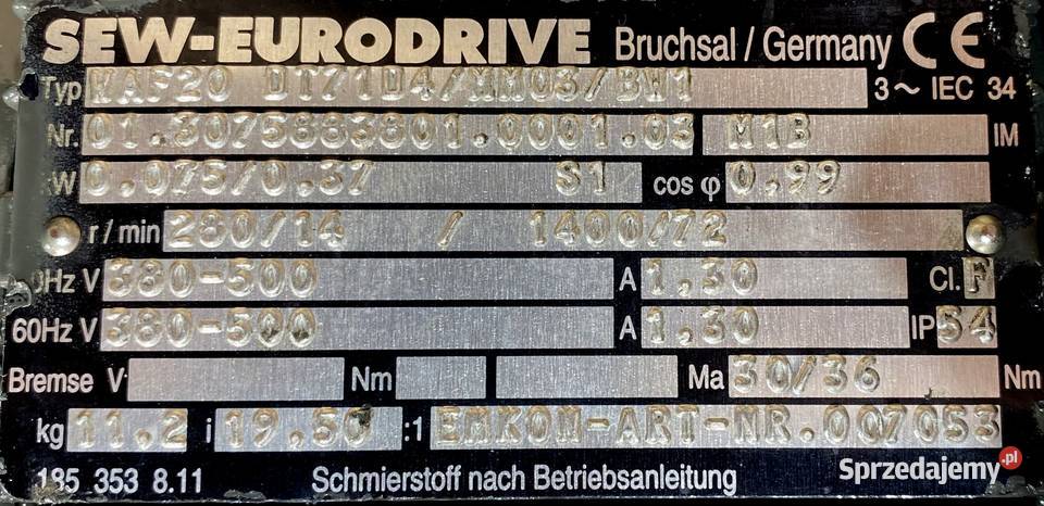 motoreduktor przekładnia 0075037kW 14280obr Pigża