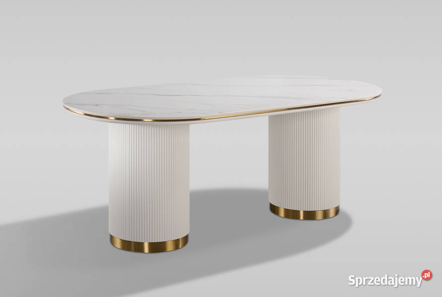 Stół owalny ryflowany 180x90 ecru marmurowy blat Golkowice