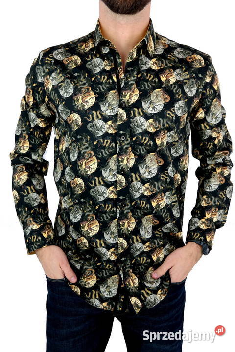 DANIEL BESSI Koszula Męska Fb068 Czarna Wąż Róże Rozmiar L Ostrów Wielkopolski
