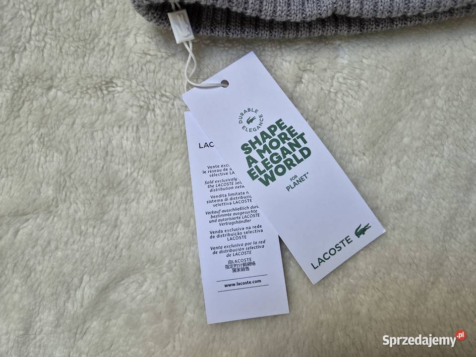 Nowa szara czapka wełniana Lacoste unisex z Uniseks