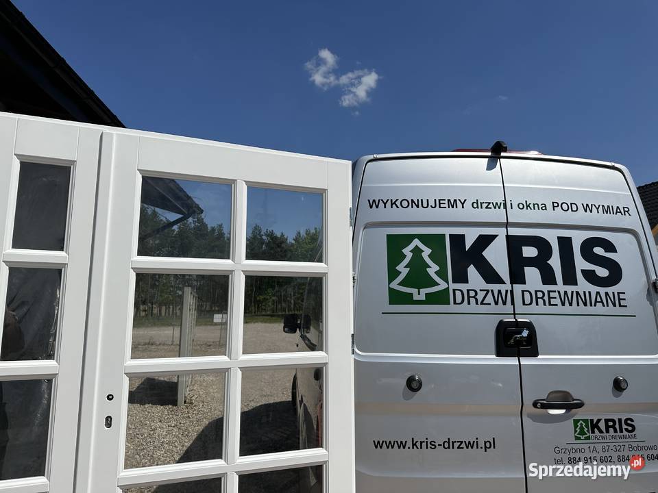 Drzwi drewniane dwuskrzydłowe sosnowe białe CAŁA Grzybno sprzedam