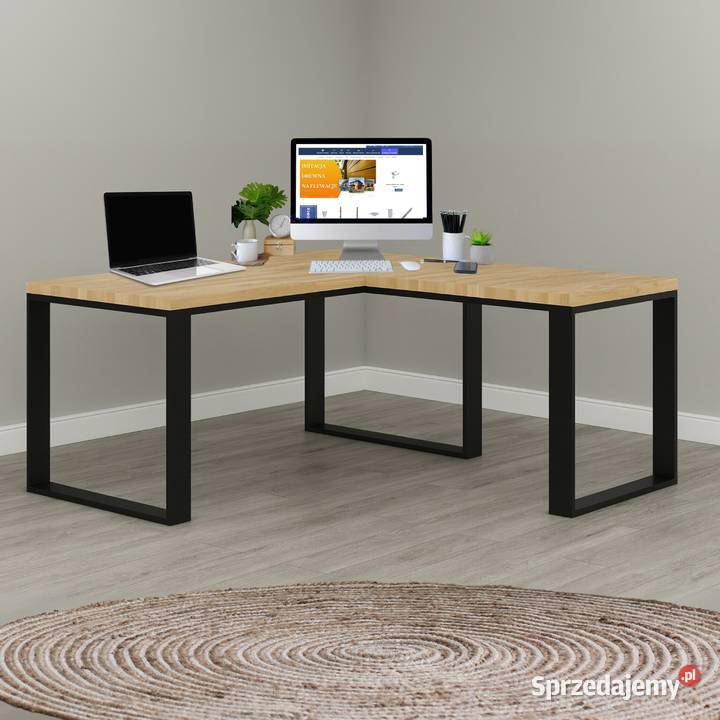 Biurko Narożne z Drewna Dębowego Stalowy Stelaż Lampki biurkowe Gdów