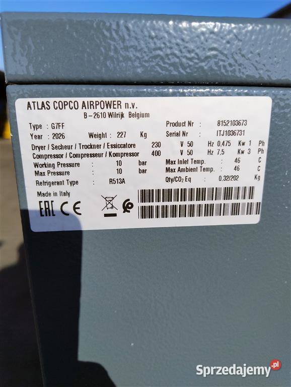 Sprężarka śrubowa Atlas cOPCO G7FFNOWAS016726 Wilków sprzedam