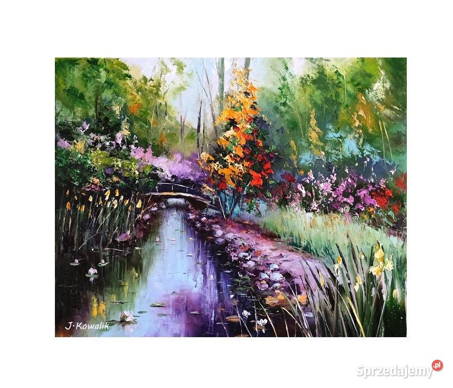 Kowalik Mostek w ogrodzie 50x40 obraz olejny Antyki, Sztuka, Kolekcje