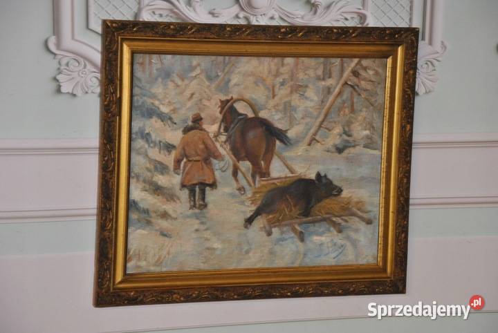 J Fałat Upolowany Dzik Stary Duży Obraz Unikalna Obrazki i obrazy sprzedam