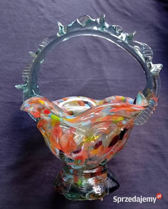 Wielobarwny koszyk z PRL przypisywany hucie Porcelana i szkło Antyki, Sztuka, Kolekcje Koźminek